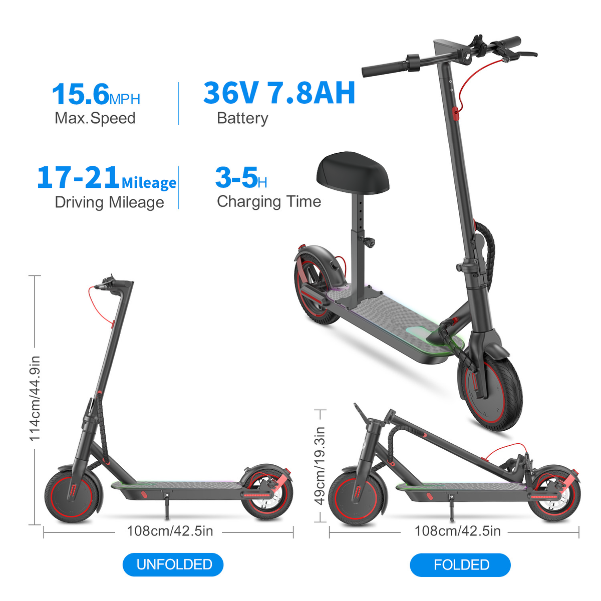 Electric Scooter for Adult,Free skateboard seat included